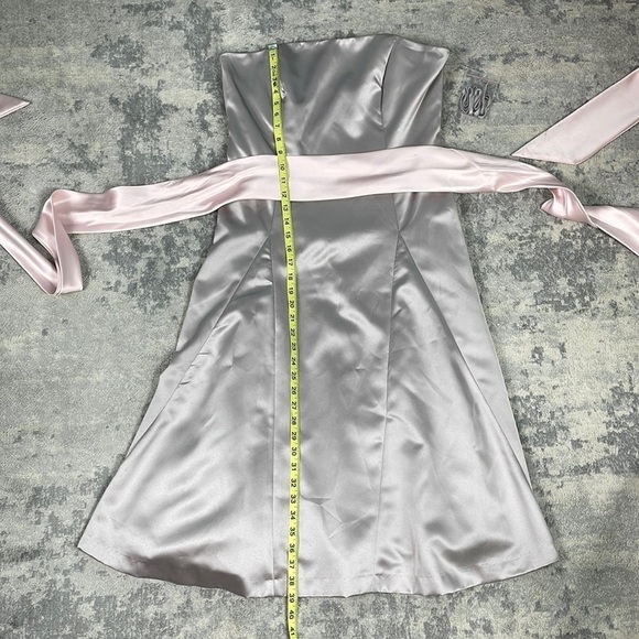 After Six Strapless Bridesmaid Dress Tea Midi Silver with Pink Waist Sash 10 - Picture 6 of 13